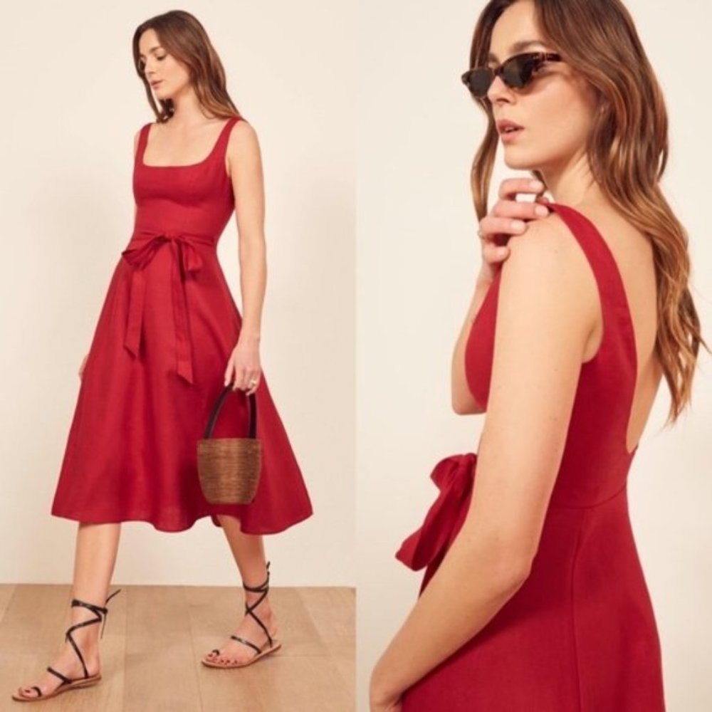 Reformation Garten red linen wrap tie midi dress S